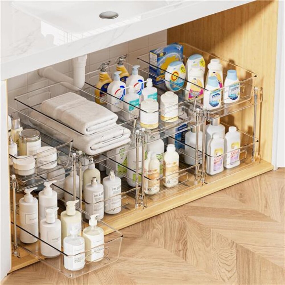 Clear 2 Tier Under Sink Bathroom Organizer Storage Bins Pull Out Drawers